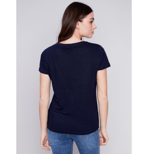 V-Neck Linen T-Shirt - Navy