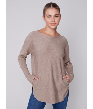 Knit Sweater with Back Lace-up Detail - Truffle