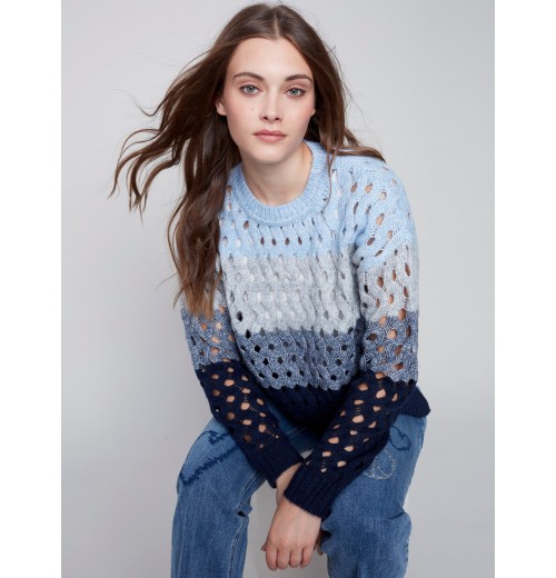 Striped Net Stitch Sweater - Indigo