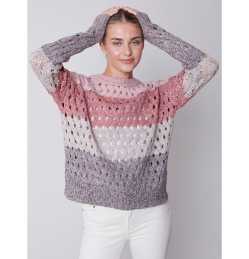 Striped Net Stitch Sweater - Port