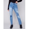 Straight Leg Jeans with Trompe L'Oeil Patch Detail - Medium Blue