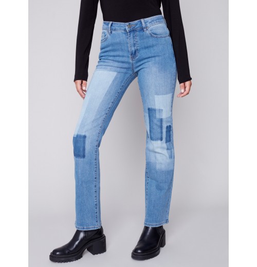 Straight Leg Jeans with Trompe L'Oeil Patch Detail - Medium Blue