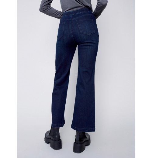 Flare Pull-on Jeans with Decorative Buttons - Blue Black