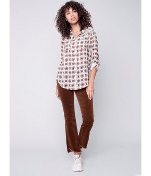 Bootcut Corduroy Pants with Asymmetrical Fringed Hem - Truffle