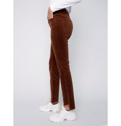 Bootcut Corduroy Pants with Asymmetrical Fringed Hem - Truffle