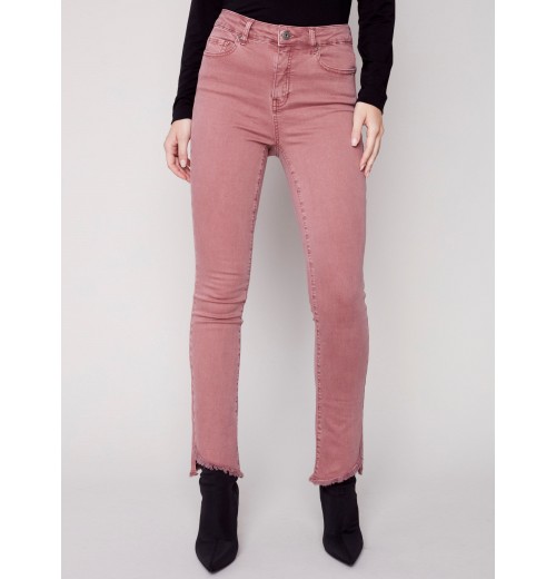 Bootcut Twill Pants with Asymmetrical Fringed Hem - Raspberry