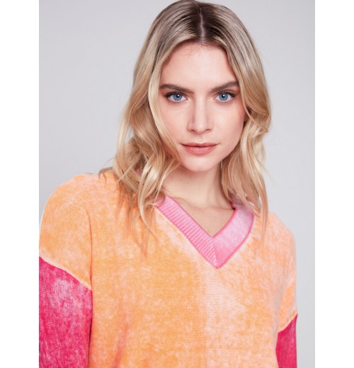 Color Block Cotton Sweater - Tangerine