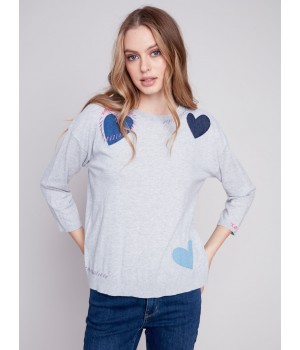 Cotton Sweater with Heart Patches - Grey