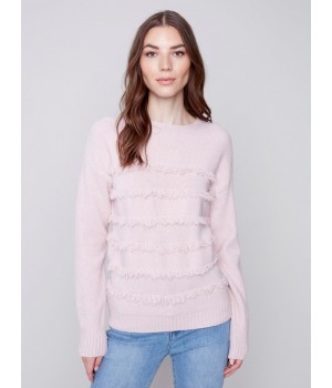 Crew Neck Sweater with Frayed Detail - Powder