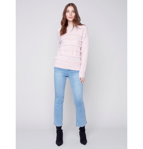 Crew Neck Sweater with Frayed Detail - Powder