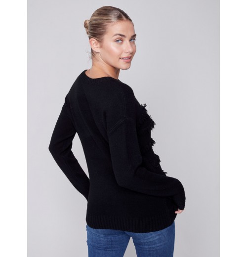 Crew Neck Sweater with Frayed Detail - Black