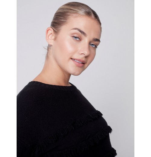 Crew Neck Sweater with Frayed Detail - Black