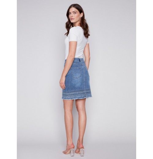 Embroidered Hem Denim Skort - Medium Blue