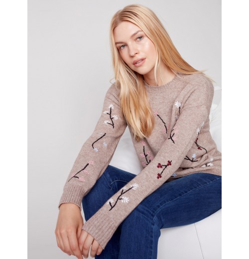 Embroidered Round Neck Sweater - Almond