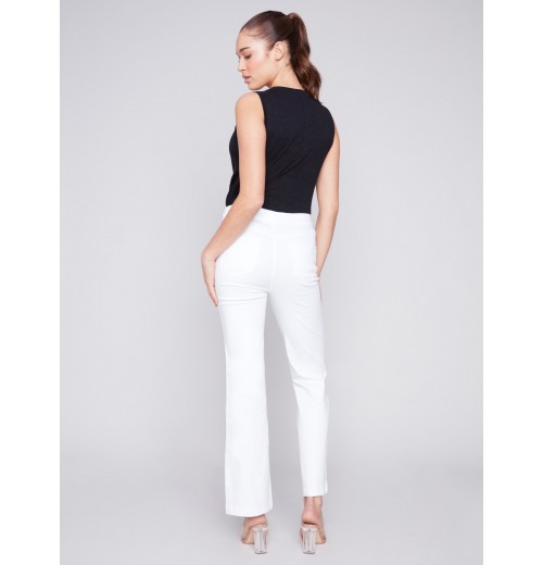 Flare Twill Pants with Decorative Buttons - White