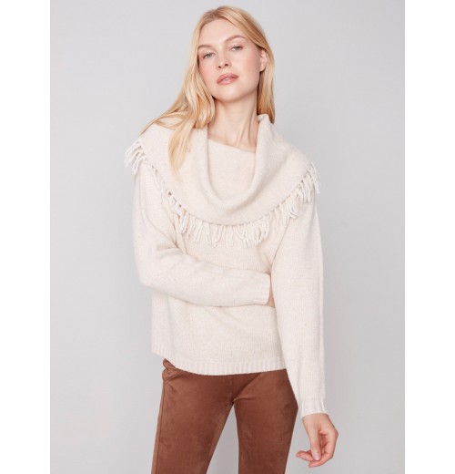 Fringed Cowl Neck Sweater - Ecru