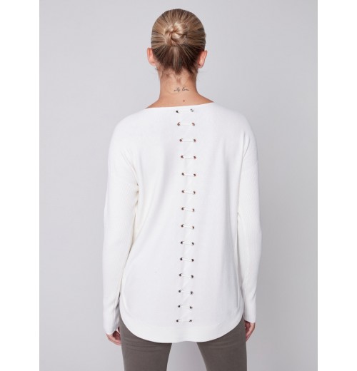 Knit Sweater with Back Lace-up Detail - Ecru