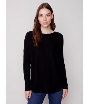 Knit Sweater with Back Lace-up Detail - Black