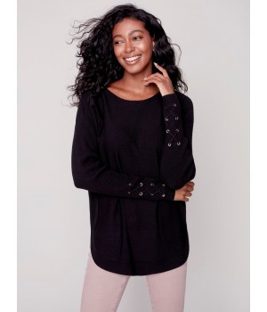 Knit Sweater with Lace-up Cuffs - Black