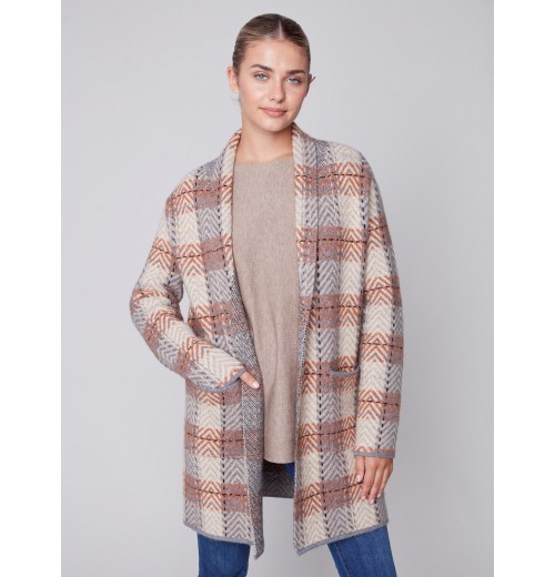 Long Plaid Cardigan with Shawl Collar - Truffle