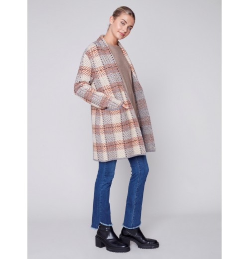 Long Plaid Cardigan with Shawl Collar - Truffle