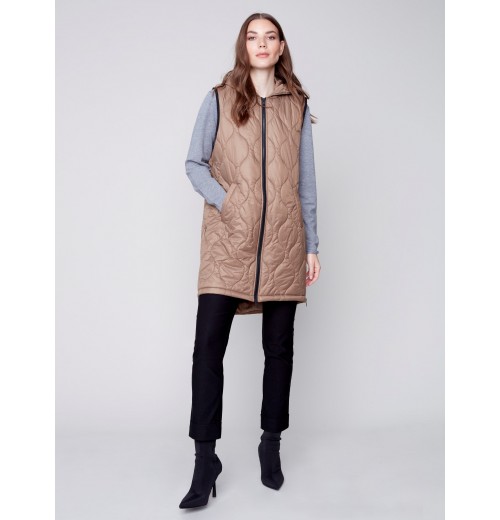 Long Quilted Puffer Vest with Hood - Truffle