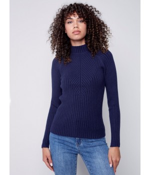 Mock Neck Rib Sweater - Navy