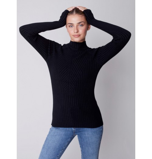 Mock Neck Rib Sweater - Black