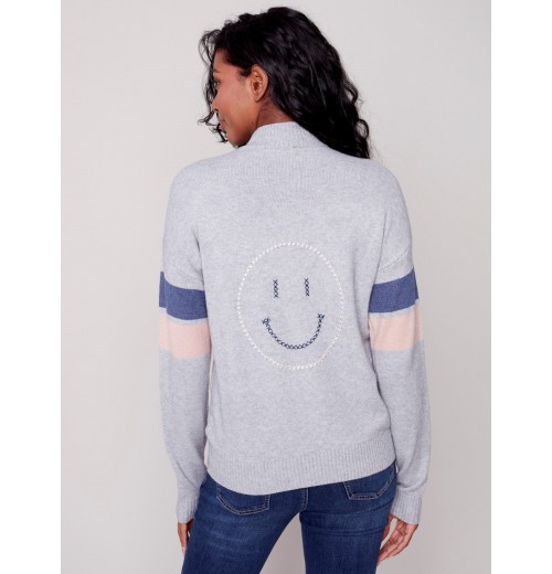 Mock Neck Sweater with Smiley Stitching - Gray