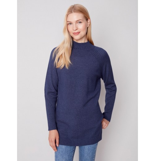 Mock Neck Tunic Sweater - Denim