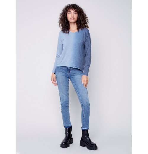 Ombré V-Neck Knit Top - Indigo