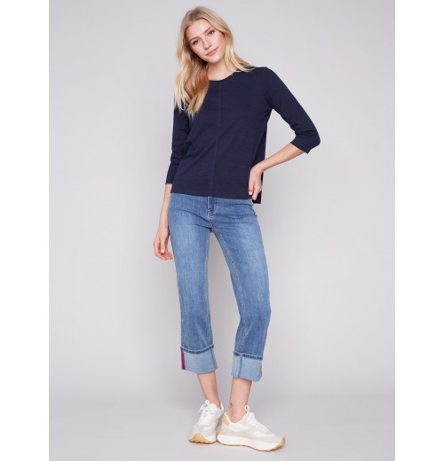 Organic Cotton Slub Knit Top - Navy