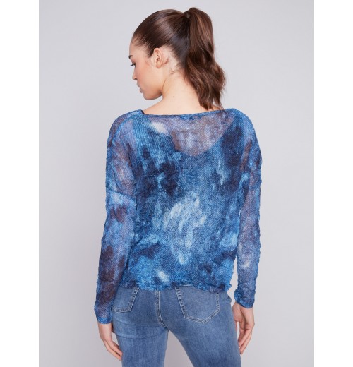 Printed Crinkle Mesh Top - Denim