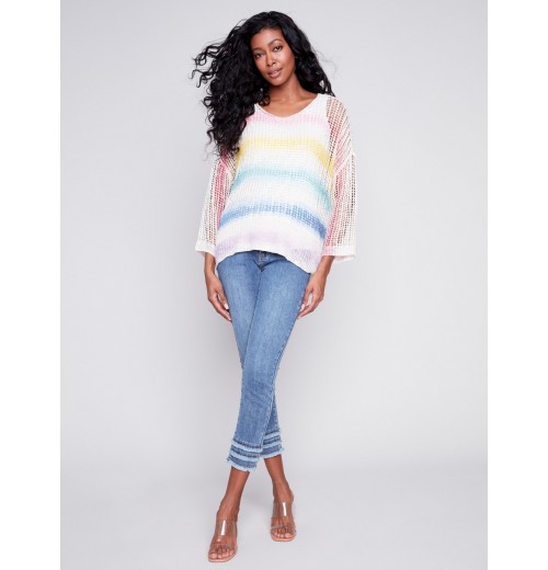 Printed Fishnet Crochet Sweater - Rainbow