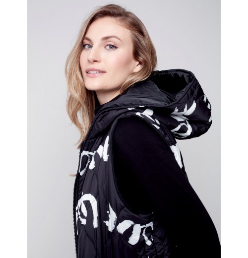 Printed Long Quilted Puffer Vest with Hood - Black & Cream