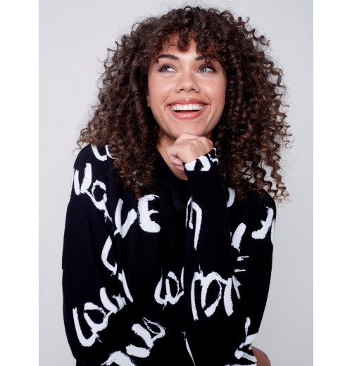 Printed Ottoman Cotton Funnel Neck Sweater - Black & White