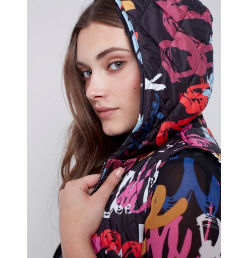 Printed Quilted Puffer Vest with Hood - Graffiti