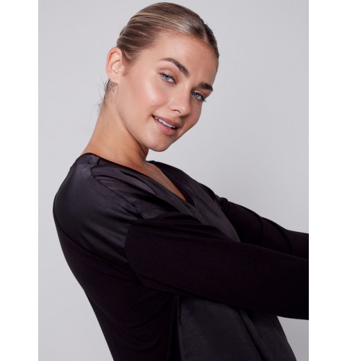 Satin and Jersey Knit Top - Black