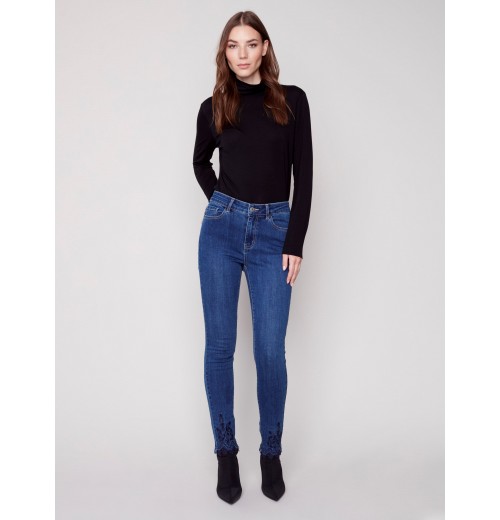 Skinny Jeans with Embroidered Scalloped Hem - Blue Jean