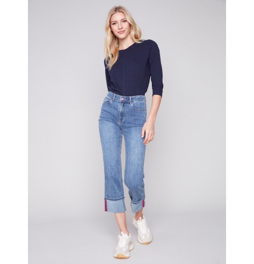 Straight Leg Jeans with Folded Cuff - Medium Blue