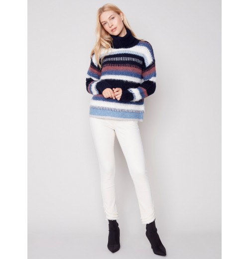 Striped Cowl Neck Sweater - Navy