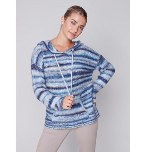 Striped Hooded Sweater with Kangaroo Pocket - Denim