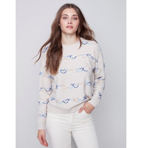 Sweater with Embroidered Hearts - Almond