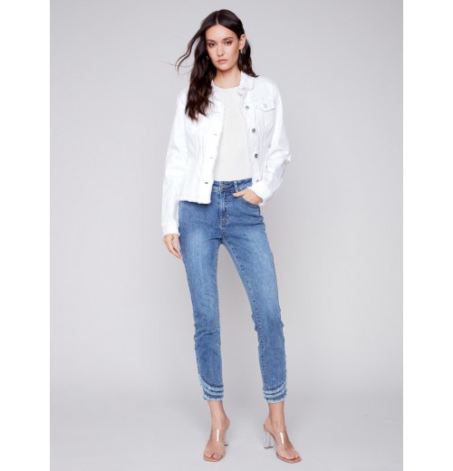 Twill Jean Jacket with Frayed Edges - White