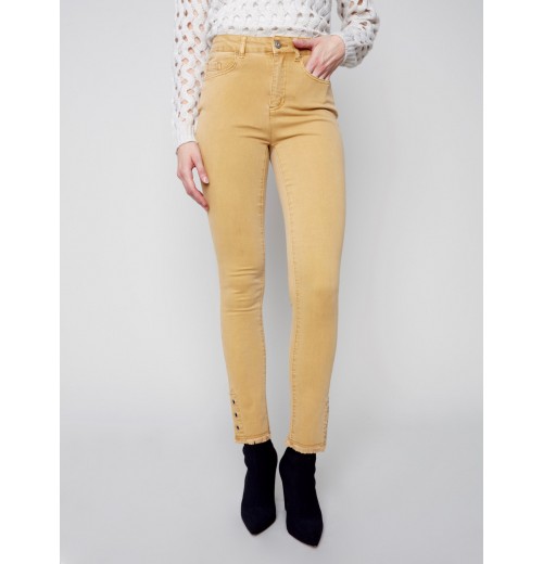 Twill Jeans with Eyelet Hem Detail - Gold