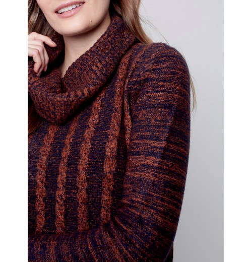 Two-Toned Cable Knit Cowl Neck Sweater - Cinnamon