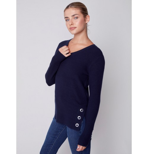 V-Neck Sweater with Grommet Detail - Navy