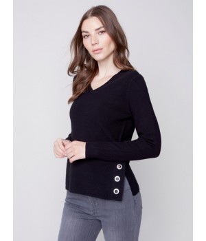 V-Neck Sweater with Grommet Detail - Black