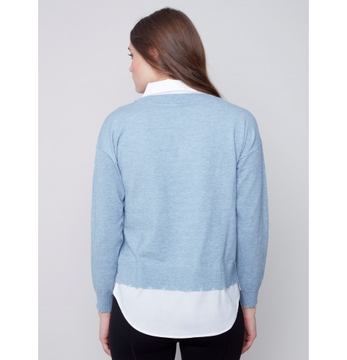 V-Neck Sweater with Shirt Collar - Snowflake