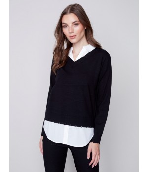 V-Neck Sweater with Shirt Collar - Black